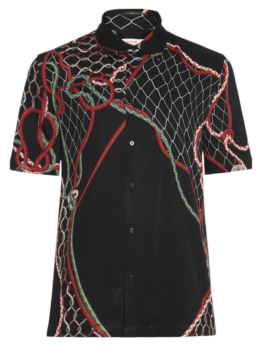 Osklen Black Short-Sleeve Button-Down Shirt with Red & Green Rope Print size XL
